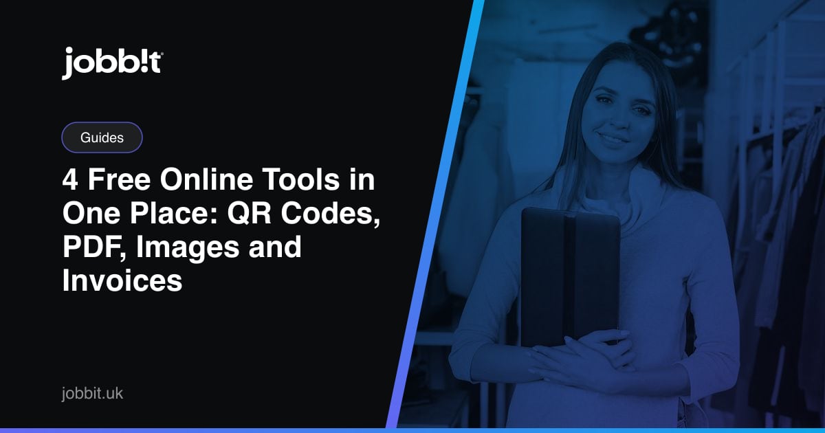 A Jobbit blog cover for the four free online tools: QR code, PDF, image and invoice